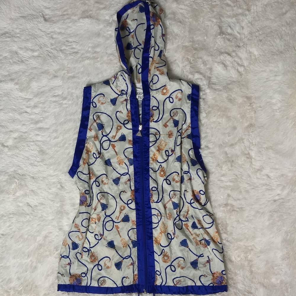 Long Sleeveless Novelty Print Windbreaker Vest with Hoodie (Vintage)